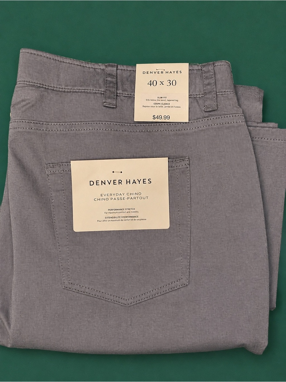 NWT Denver Hayes Everyday Chino Pants Men’s 40x30 Gray Slim Fit Stretch